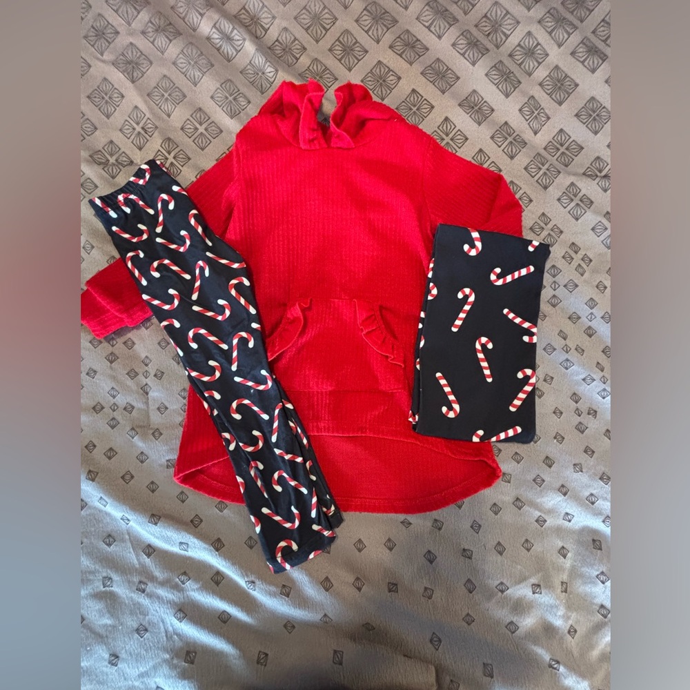 Toddler Girls Christmas Outfit 4T Red Hooded Sweater w/Candy Cane Leggings&Scarf